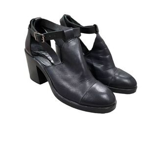 Office London Cutout Black Chunky Heel Booties Ankle Leather Sz 39